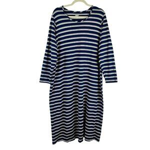 Lands' End Stripe Midi Dress Women Plus 2X Navy Blue White 100% Cotton Nautical